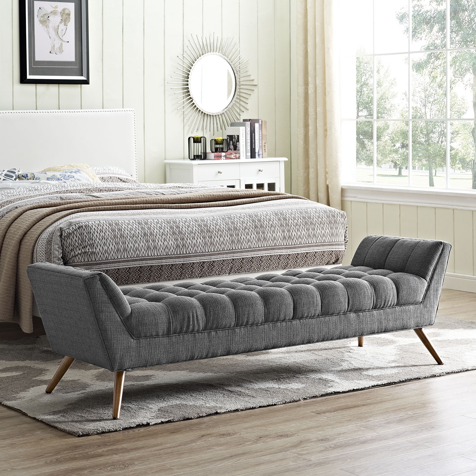 Elegant Gray Tufted Fabric Bench with Tapered Beech Wood Legs