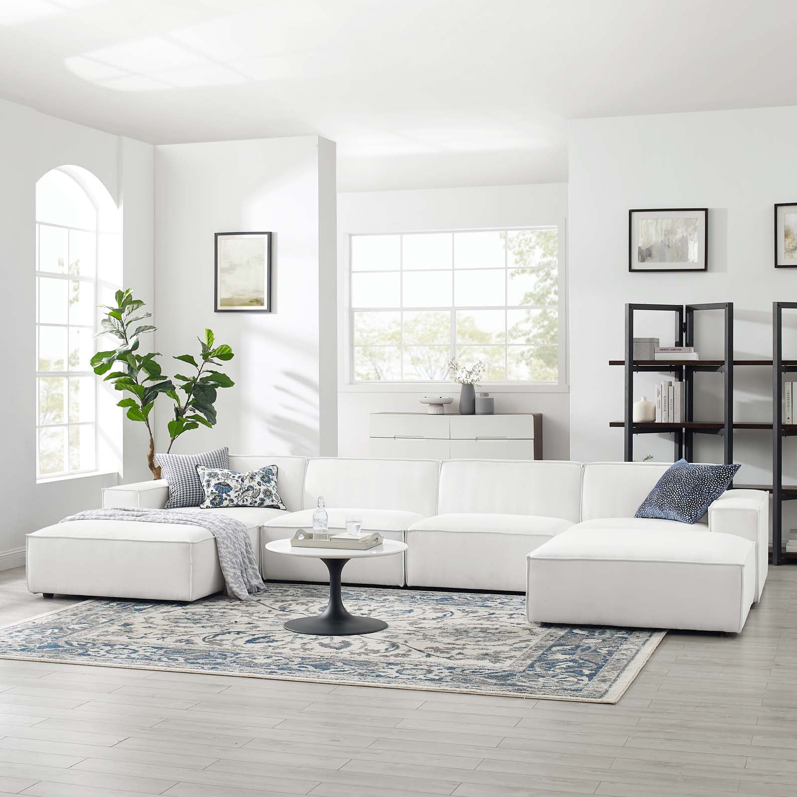 White Velvet 6-Piece Sectional Sofa with Ottoman