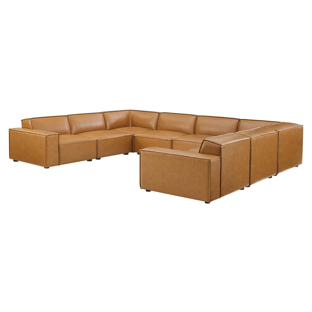 Tan Faux Leather 8-Piece Modular Reception Sofa with Ottoman