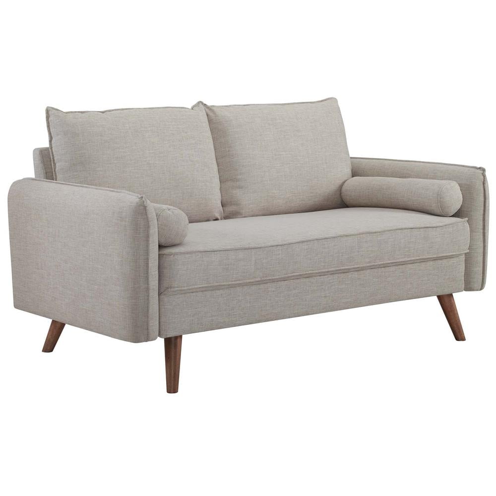 Beige Fabric Loveseat with Walnut Wood Legs