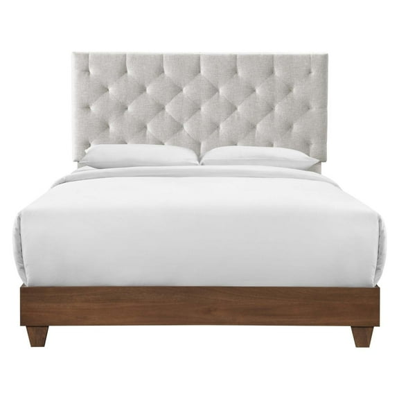 Modway Rhiannon Diamond Tufted Upholstered Fabric Wood Queen Bed in Walnut/Beige