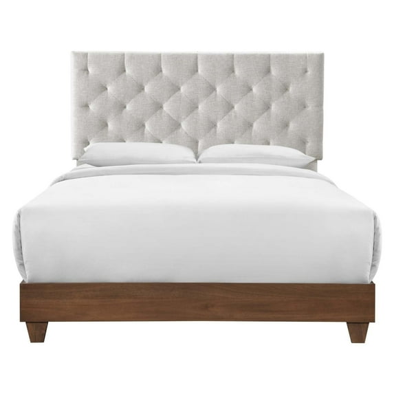 Modway Rhiannon Diamond Tufted Upholstered Fabric Wood Queen Bed in Walnut/Beige