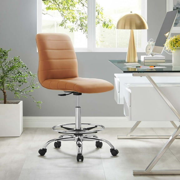 Modway Ripple Armless Vegan Leather Drafting Chair in Silver Tan