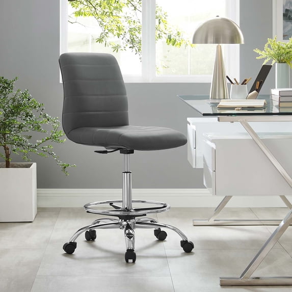 Modway Ripple Vegan Leather and Metal Armless Drafting Chair in Silver/Gray