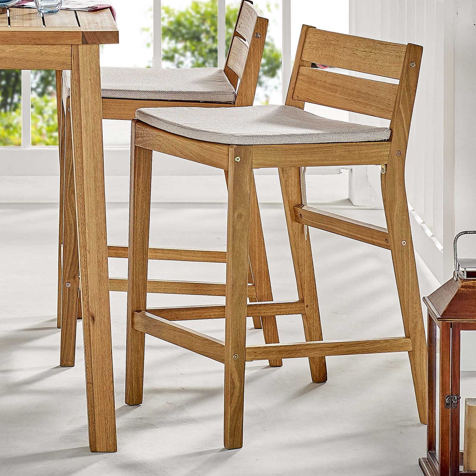 Modway Riverlake Outdoor Patio Ash Wood Counter Stool in Natural Taupe