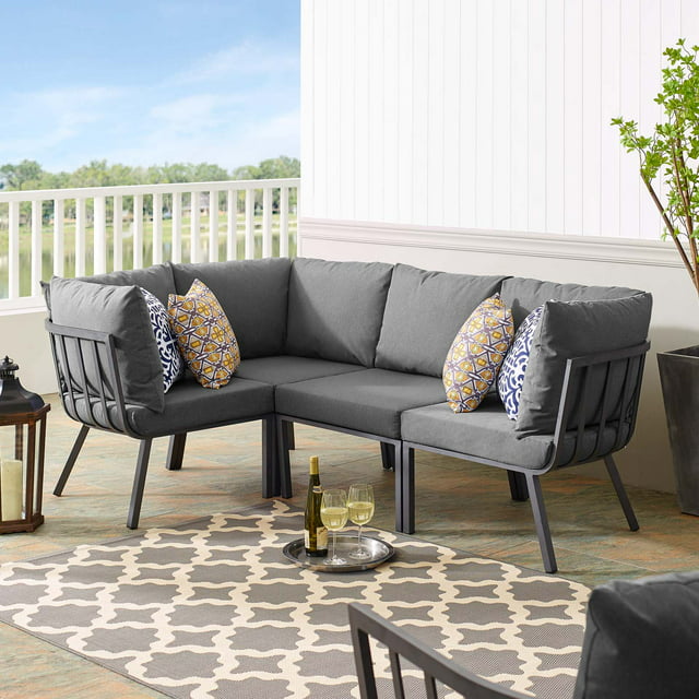 Modway Riverside 4 Piece Outdoor Patio Aluminum Sectional in Gray Charcoal