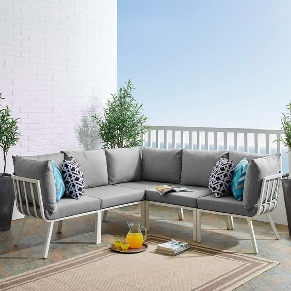 Modway Riverside 5 Piece Outdoor Patio Aluminum Sectional in White Gray