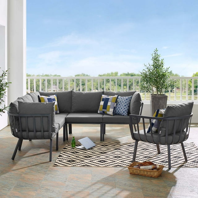 Modway Riverside 6 Piece Outdoor Patio Aluminum Set in Gray Charcoal