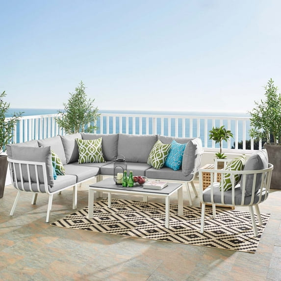 Modway Riverside 7 Piece Outdoor Patio Aluminum Set in White Gray