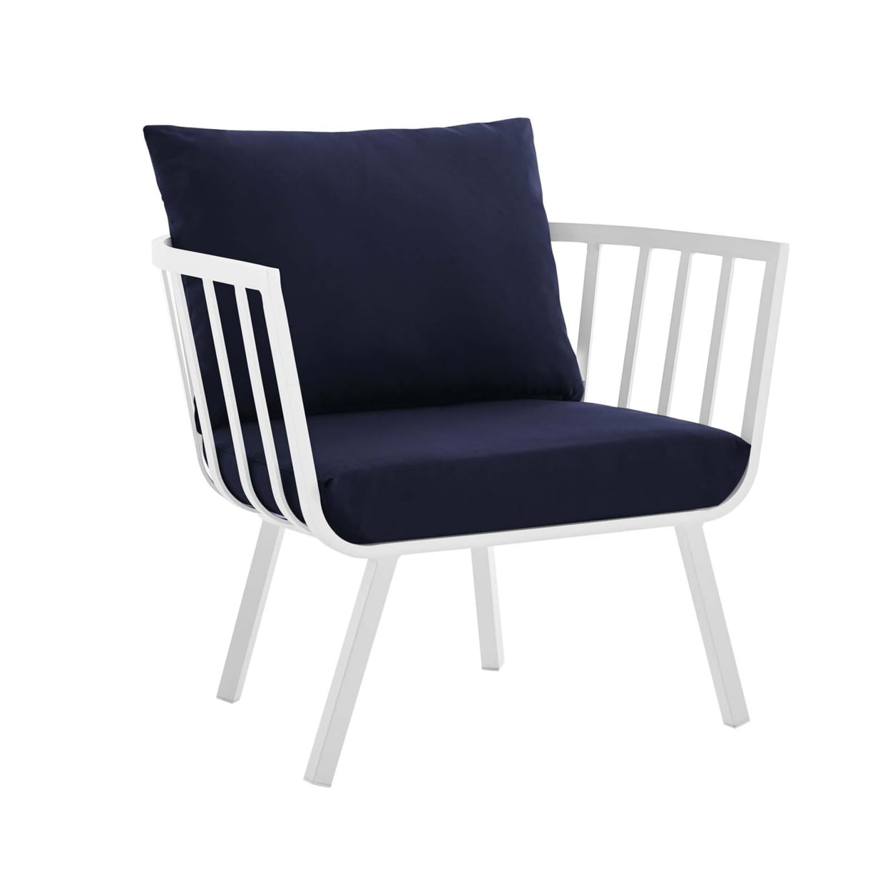 Riverside Coastal White Aluminum Outdoor Chair with Navy Cushions
