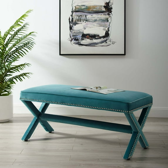 Modway Rivet Contemporary Modern Upholstered Bench With Nail head Trim in Sea Blue