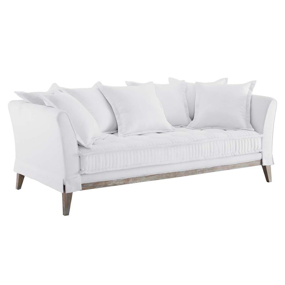 Rowan 84 in. White Fabric Sofa with Rustic Wood Frame