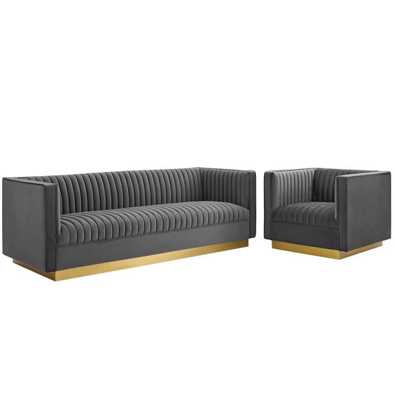 Modway Sanguine 2-Piece Modern Performance Velvet Sofa and Armchair Set in Gray