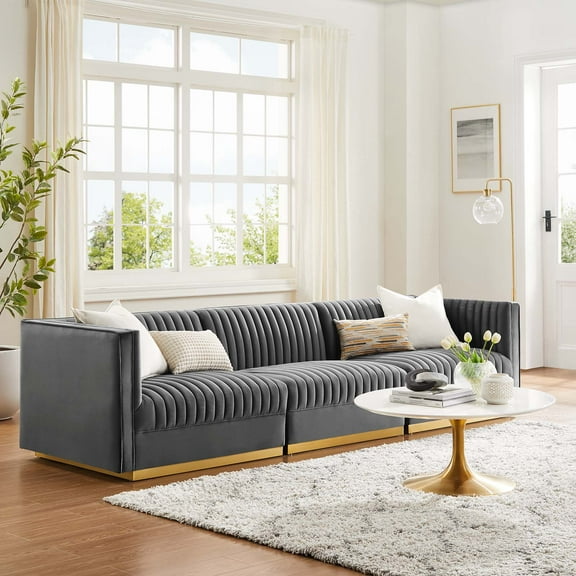 Modway Sanguine Channel Tufted Performance Velvet 3-Seat Modular Sectional Sofa in Gray