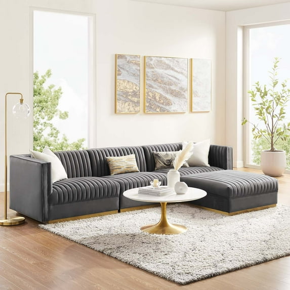 Modway Sanguine Channel Tufted Performance Velvet 4-Piece Modular Sectional Sofa in Gray