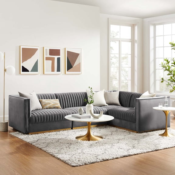 Modway Sanguine Channel Tufted Performance Velvet 4-Piece Right-Facing Modular Sectional Sofa in Gray