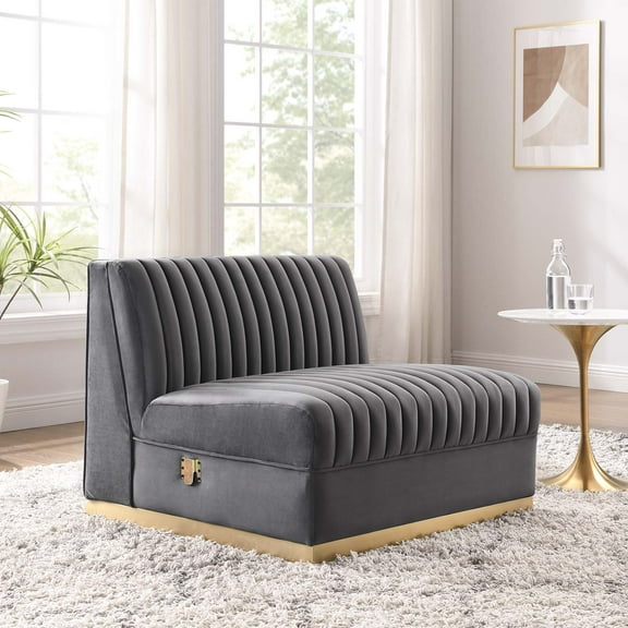Modway Sanguine Channel Tufted Performance Velvet Modular Sectional Sofa Armless Chair in Gray