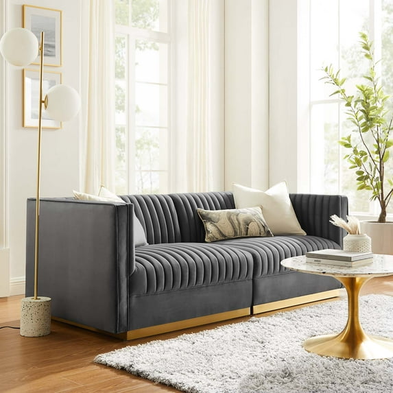 Modway Sanguine Channel Tufted Performance Velvet Modular Sectional Sofa Loveseat in Gray