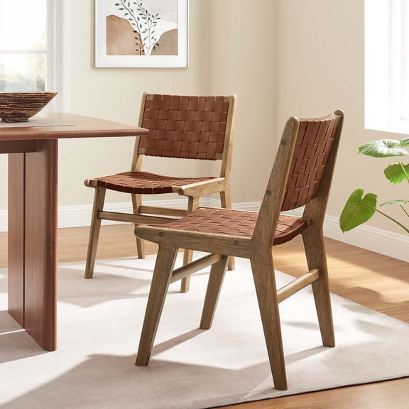 Modway Saoirse 17.5" Woven Leather Dining Side Chair in Walnut/Brown (Set of 2)