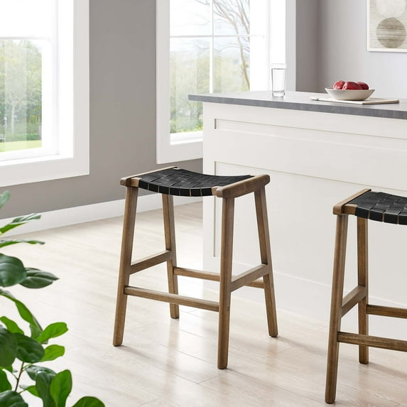 Modway Saoirse 26" Leather & Wood Counter Stool in Walnut/Black (Set of 2)