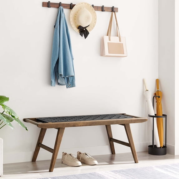 Modway Saoirse 17.5" Woven Leather & Wood Bench in Black and Walnut