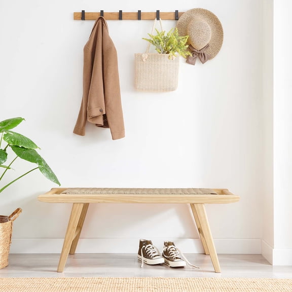 Modway Saoirse 17.5" Woven Rope & Wood Bench with Foot Pads in Natural