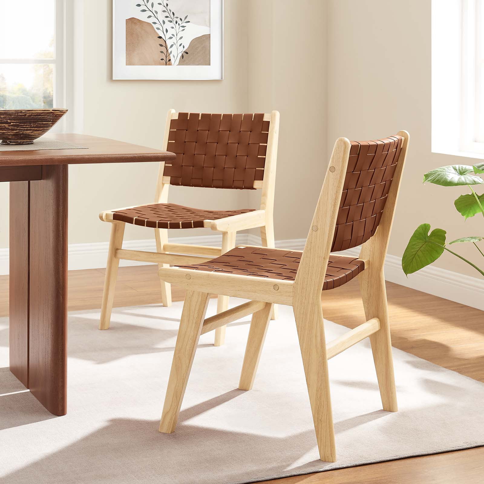 Modway Saoirse 17.5" Woven Leather Dining Side Chair in Natural/Brown (Set of 2)