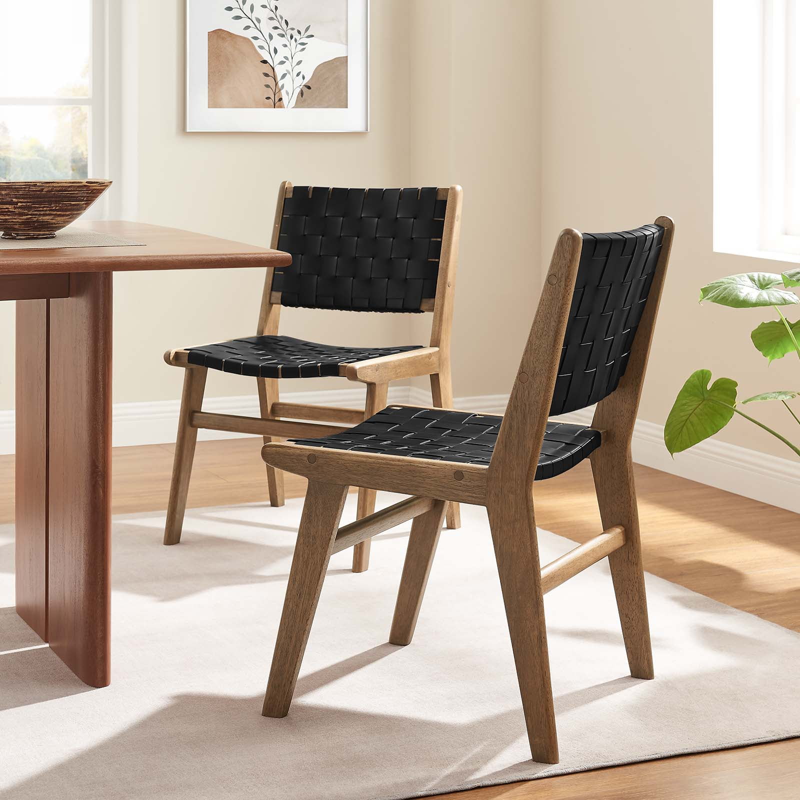 Modway Saoirse 17.5" Woven Leather Dining Side Chair in Walnut/Black (Set of 2)