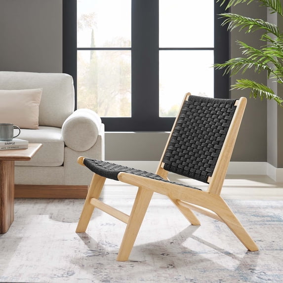 Modway Saoirse Woven Rope Wood Accent Lounge Chair in Natural Black