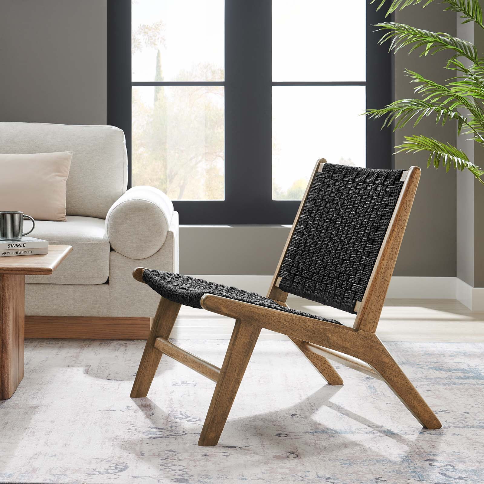 Walnut Black Woven Rope Wood Accent Lounge Chair