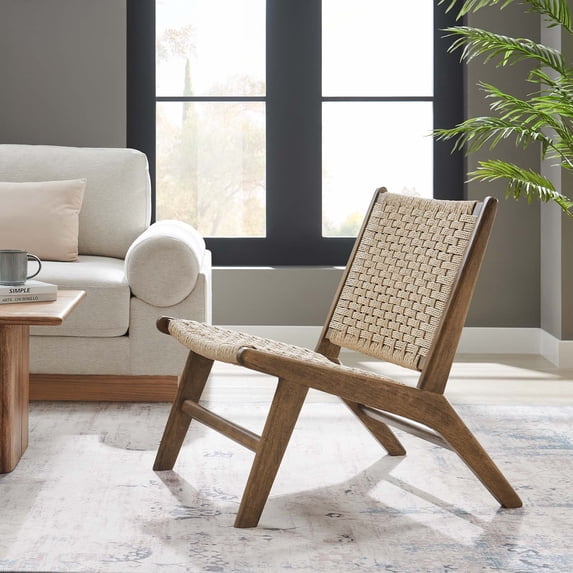 Modway Saoirse Woven Rope & Wood Accent Lounge Chair in Natural/Walnut