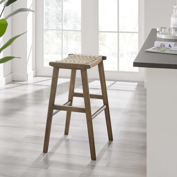 Modway Saoirse Woven Rope Wood Bar Stool - Set of 2 in Walnut Natural