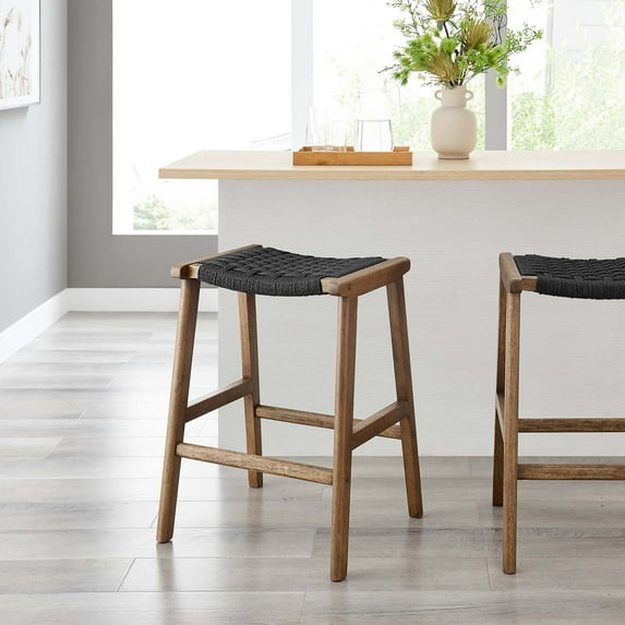Modway Saoirse Woven Rope Wood Counter Stool - Set of 2 in Walnut Black
