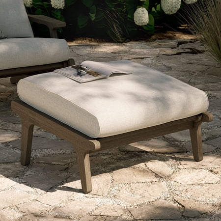 Saratoga Outdoor Teak Ottoman in Weathered Gray Pebble