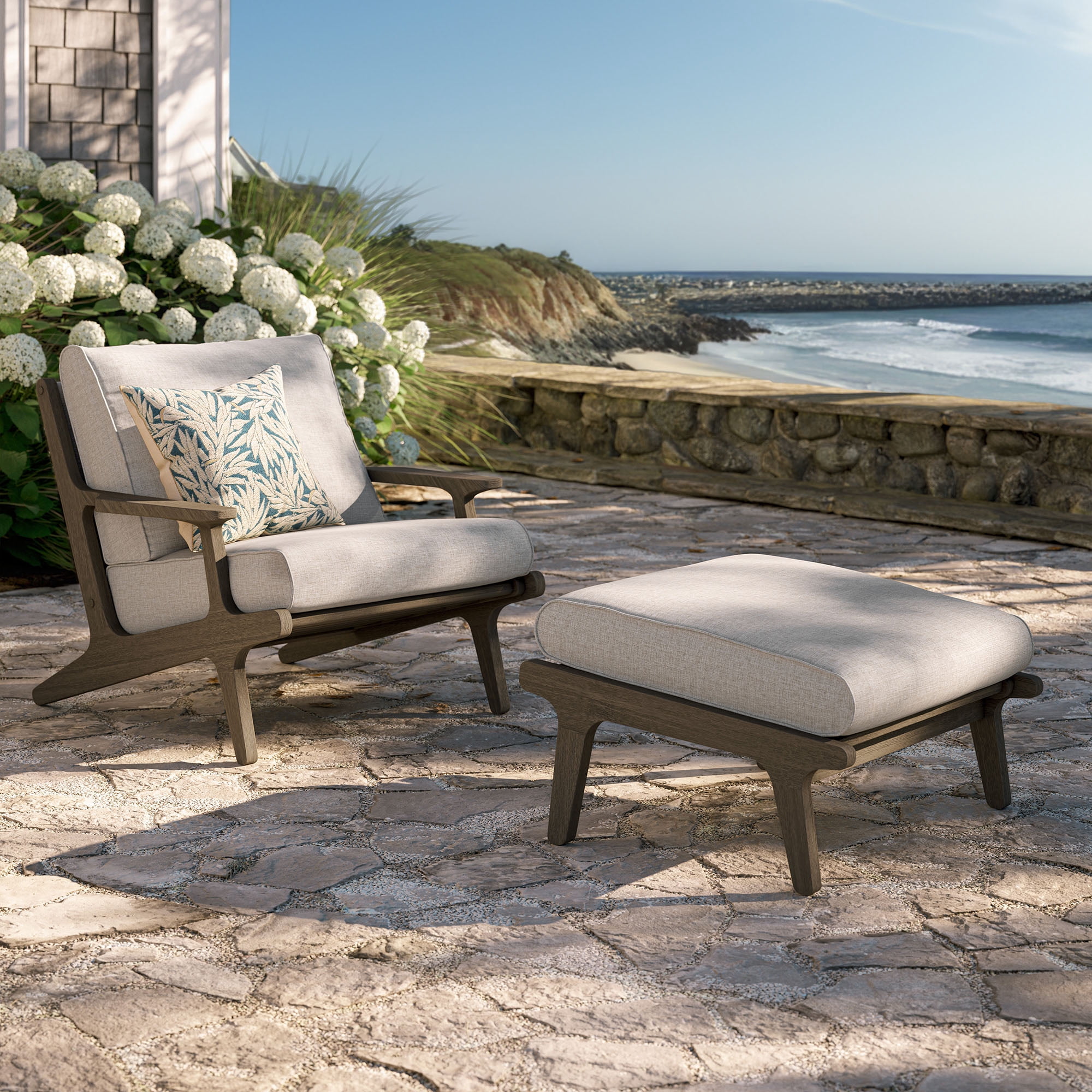 Saratoga Outdoor Teak Wood Chair and Ottoman Set in Weathered Gray Pebble