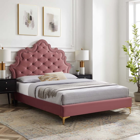 Modway Sasha Button-Tufted Performance Velvet Queen Bed in Dusty Rose