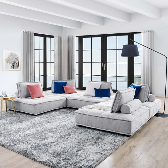 Modway Saunter Tufted Fabric Fabric 5-Piece Sectional Sofa in Light Gray