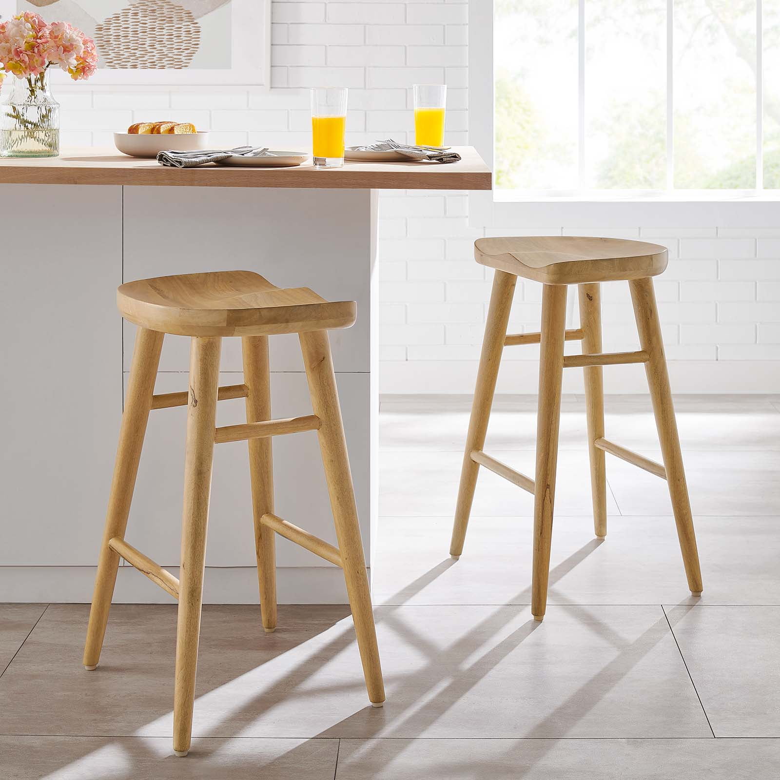 Saville Oak Adjustable Backless Saddle Counter Stools Set