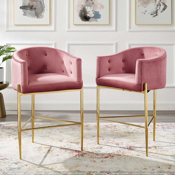 Modway Savour Tufted Performance Velvet Bar Stool Set of 2 in Dusty Rose