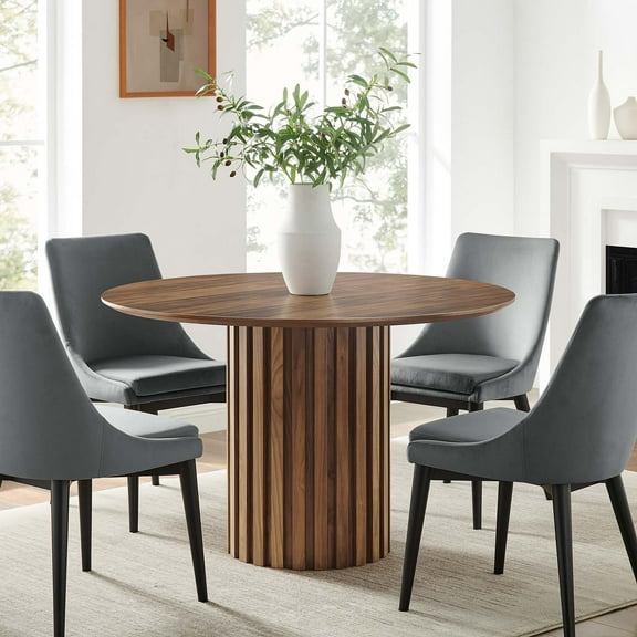 Modway Senja Collection 47" Round Fluted Pedestal Base Dining Table, MDF with Wood Veneer, Walnut