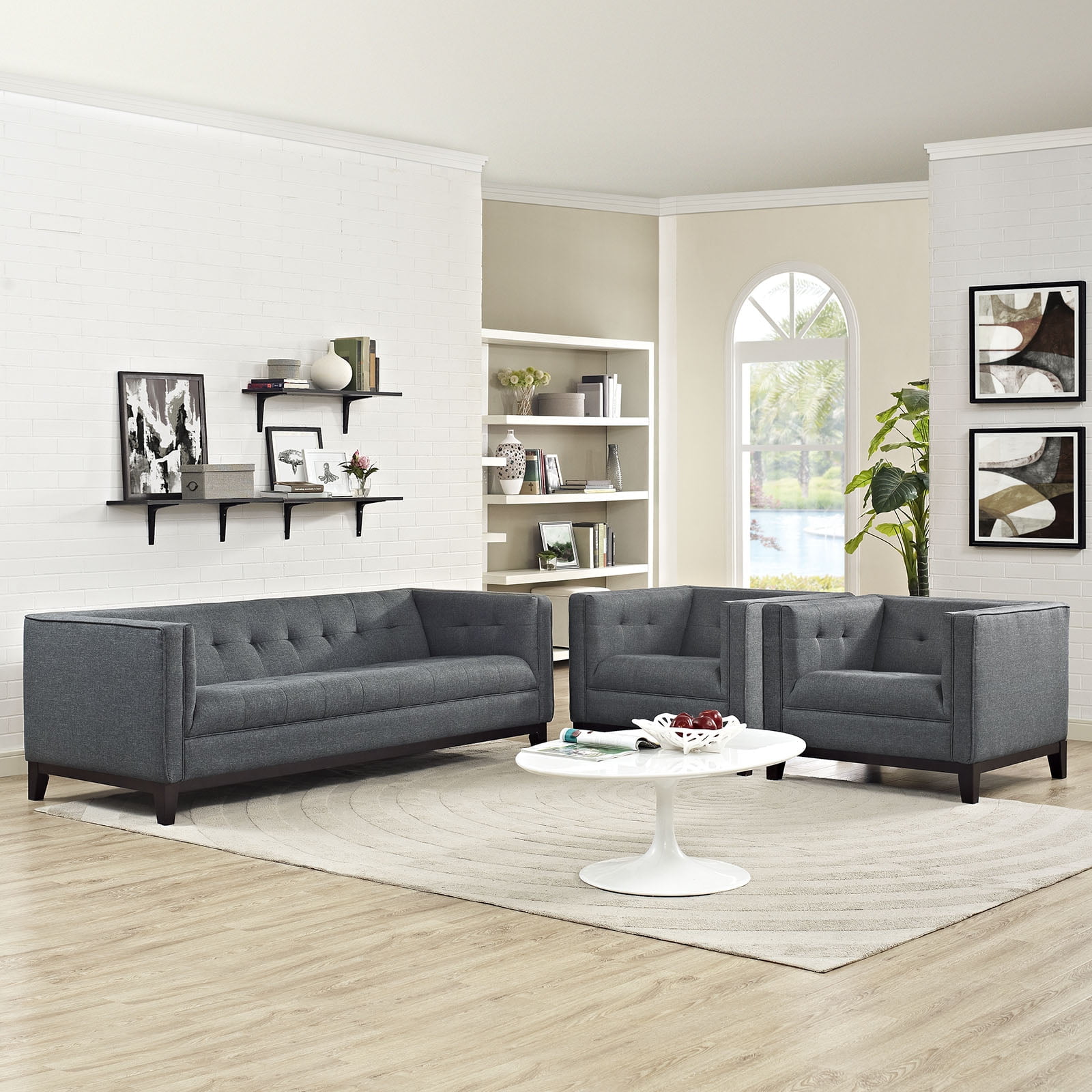 Gray Tufted 3-Piece Living Room Set with Walnut Legs