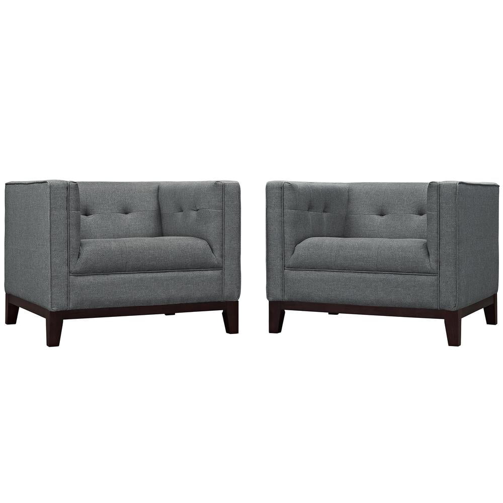 Gray Tufted Polyester Armchairs with Walnut Wood Legs, Set of 2