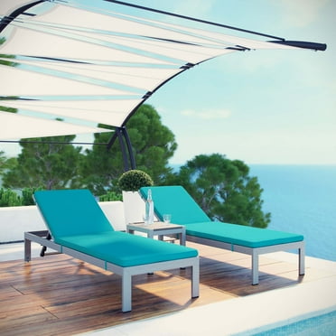 Modway Shore 3-Piece Outdoor Aluminum Chaise with Cushions in Silver/Turquoise
