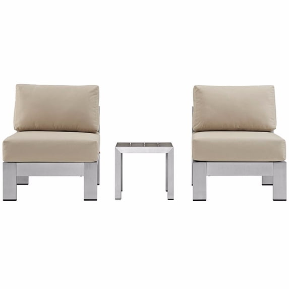 Modway Shore 3 Piece Outdoor Patio Aluminum Sectional Sofa Set in Silver Beige