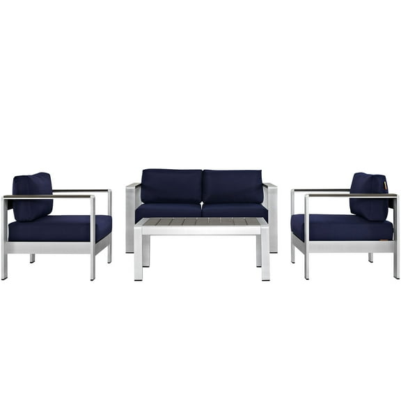 Modway Shore 4 Piece Outdoor Patio Aluminum Sectional Sofa Set in Silver Navy