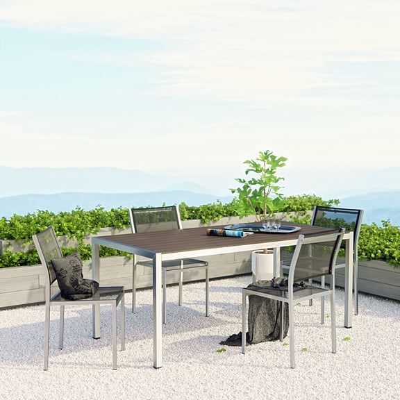 Modway Shore 5 Piece Outdoor Patio Aluminum Dining Set in Silver Black