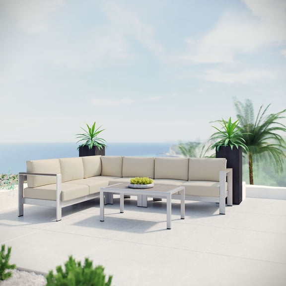 Modway Shore 5 Piece Outdoor Aluminum Sectional Sofa Set in Silver Beige