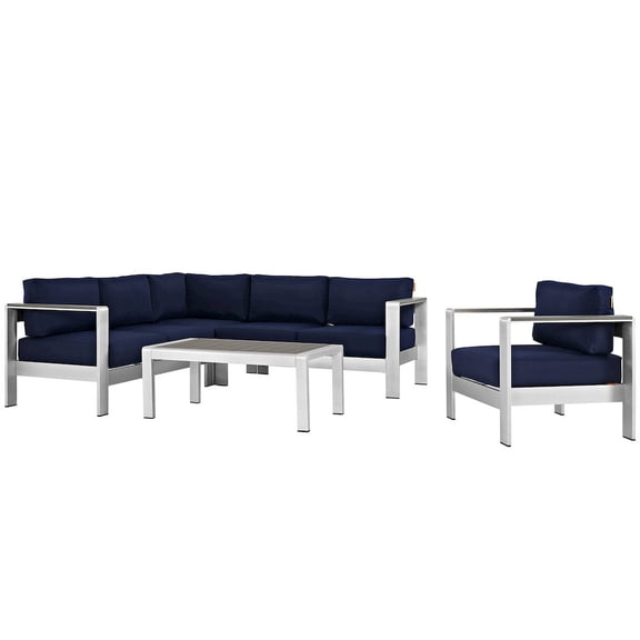 Modway Shore 5 Piece Outdoor Patio Aluminum Sectional Sofa Set in Silver Navy