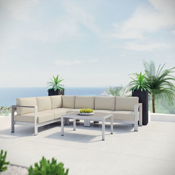 Modway Shore 5 Piece Outdoor Patio Aluminum Sectional Sofa Set in Silver Gray