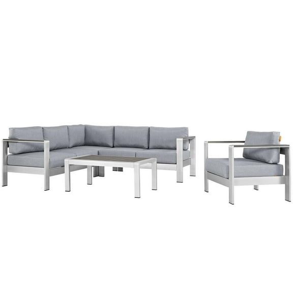 Modway Shore 5 Piece Outdoor Patio Aluminum Sectional Sofa Set in Silver Gray